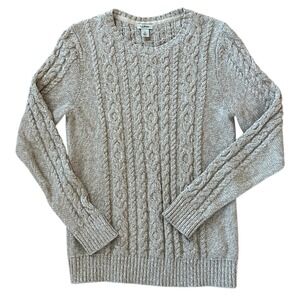 LL Bean 100% Cotton Women's Chunky Cable Knit Fisherman Sweater Beige Crewneck S